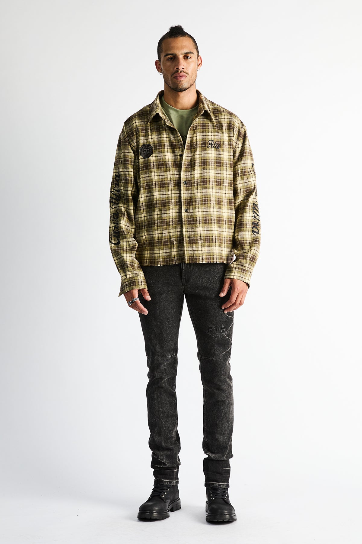 RYNOR CROPPED BUTTON UP SHIRT | OLIVE PLAID