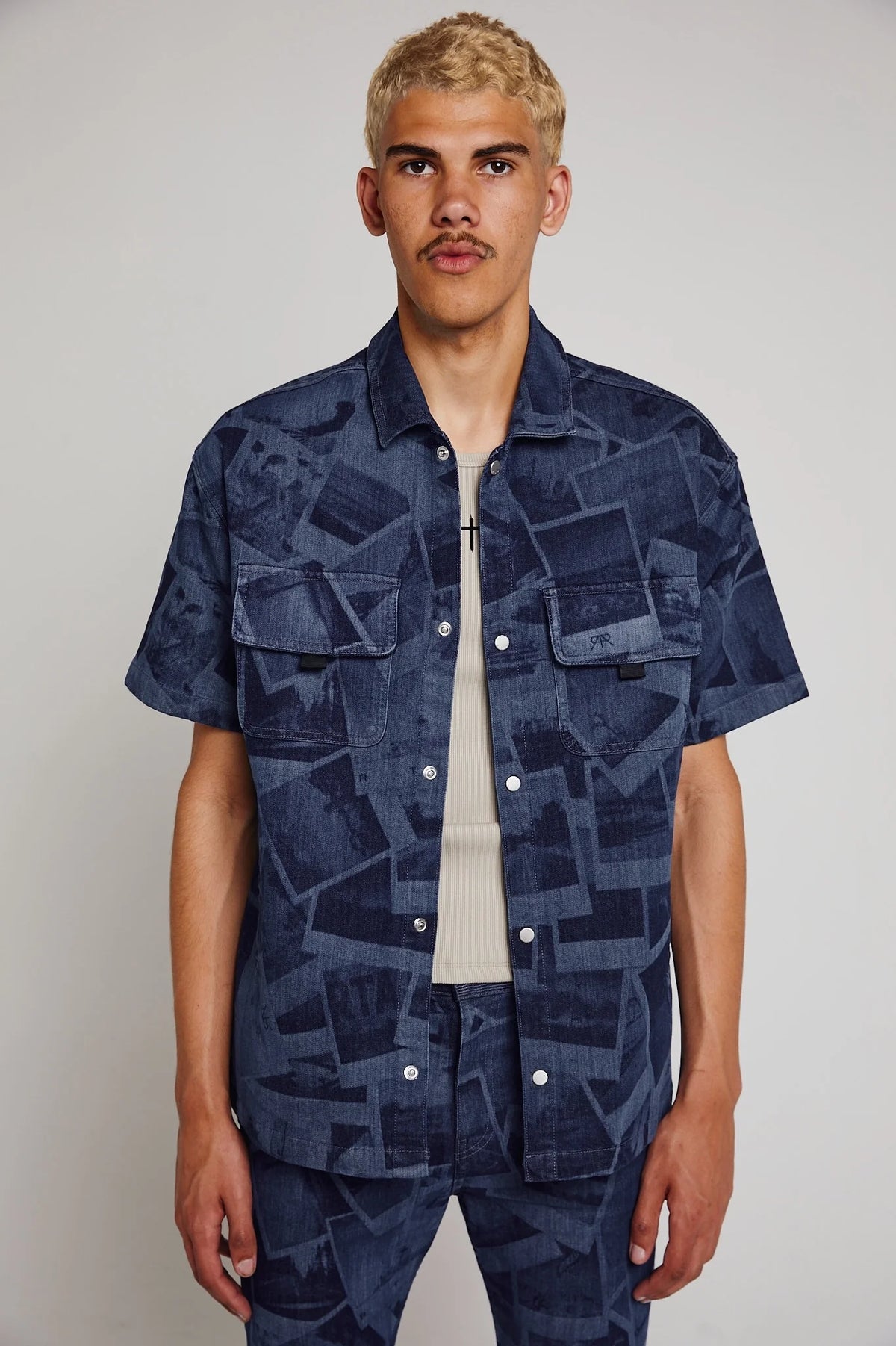 SHORT SLEEVE CHEST POCKET SHIRT | INDIGO PHOTO COLLAGE