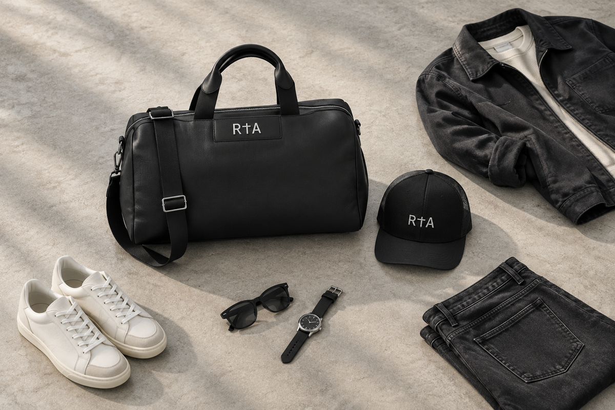 Black trucker hat and duffle bag styled with casual outfit essentials