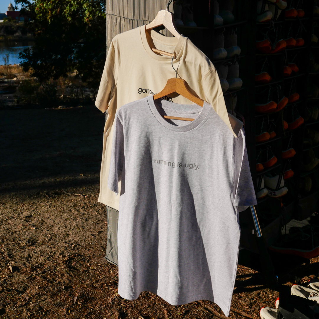 tee, running is ugly, light grey heather.