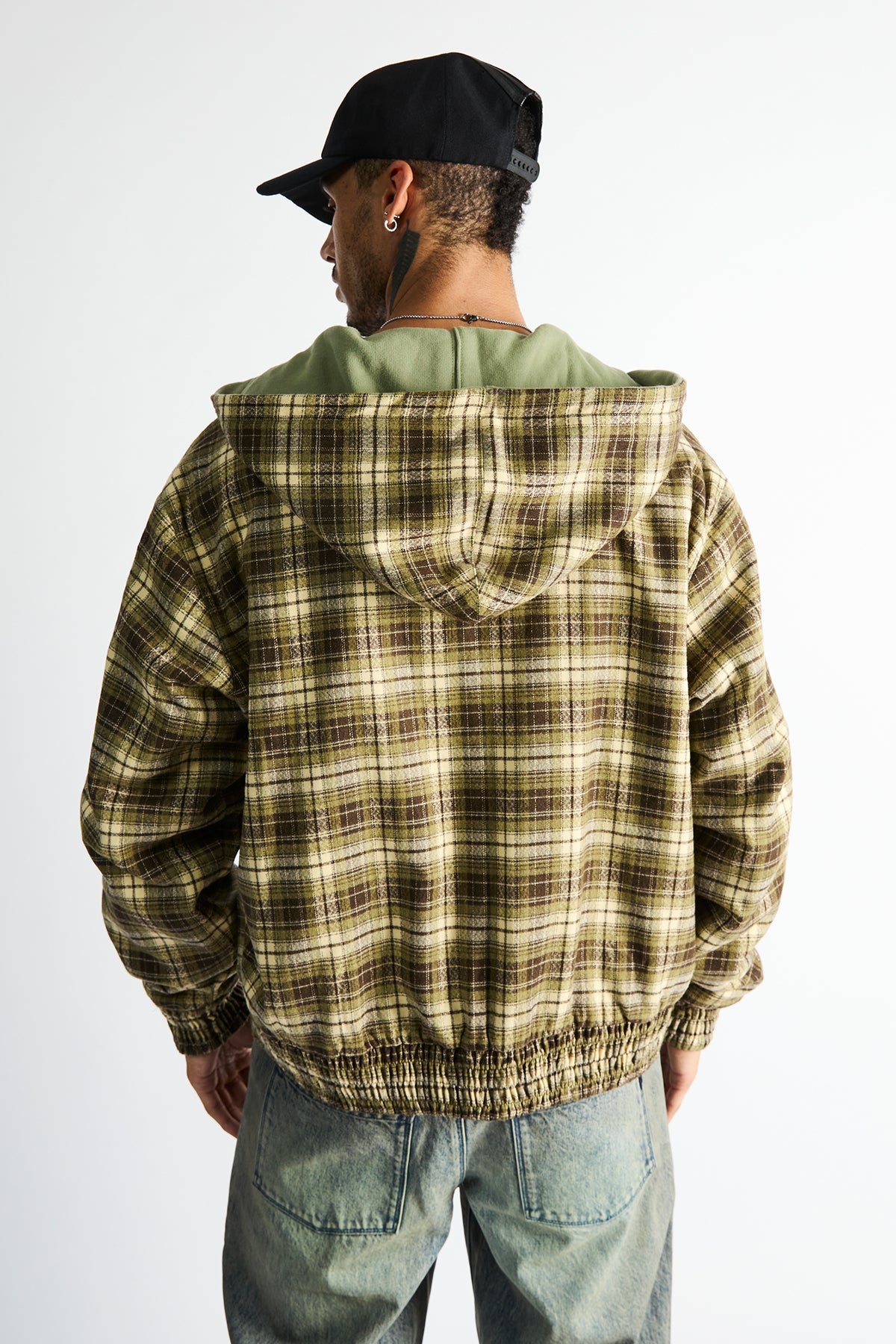ELEN REVERSIBLE ZIP UP HOODIE | OLIVE PLAID COMBO