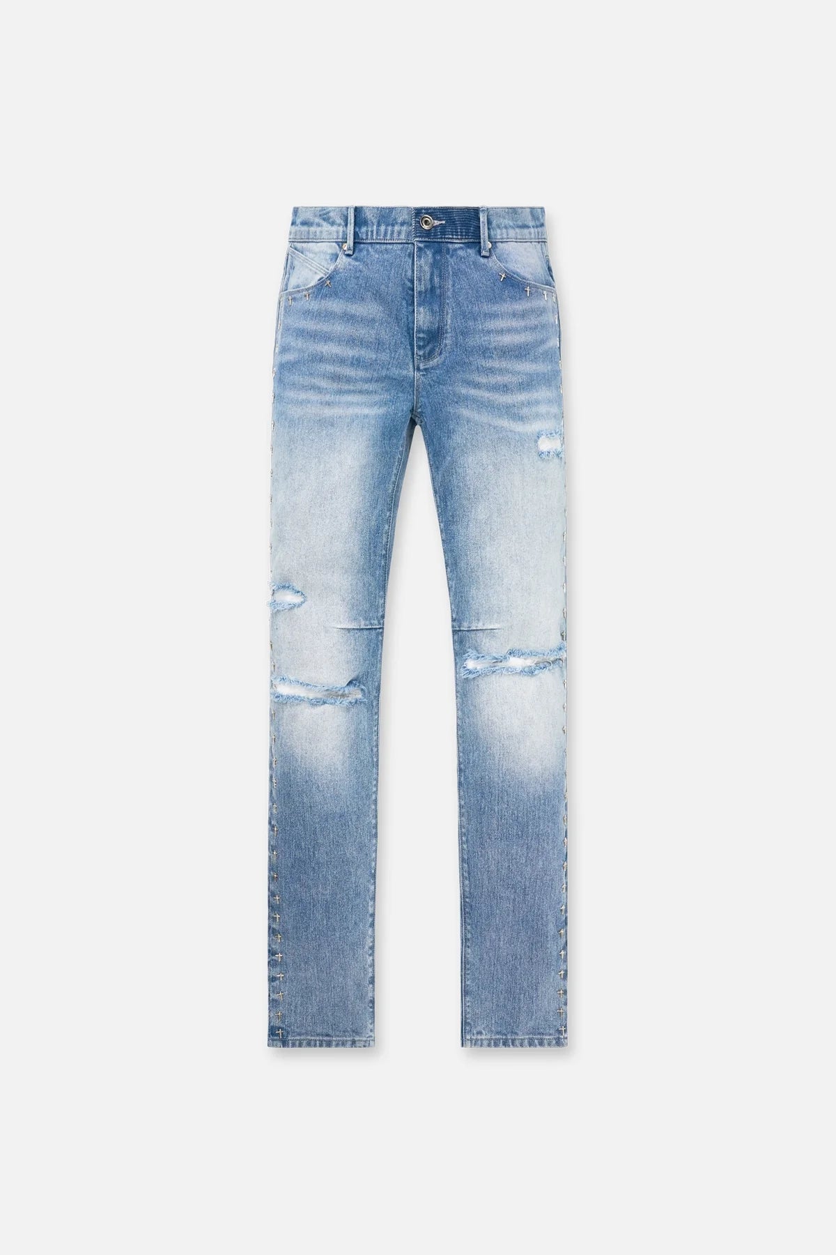 BRYANT STUDDED SKINNY JEAN | RIPPED MEDIUM BLUE CROSS