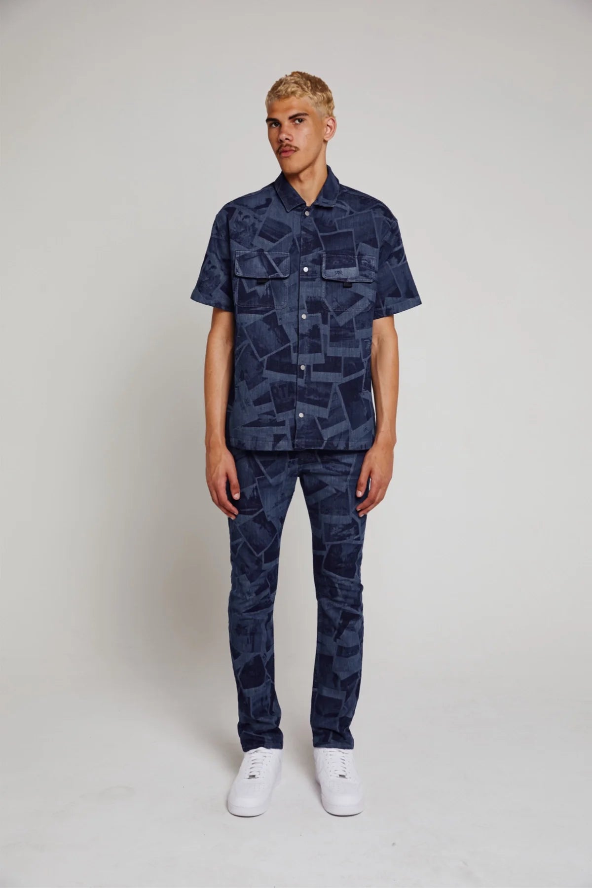 SHORT SLEEVE CHEST POCKET SHIRT | INDIGO PHOTO COLLAGE